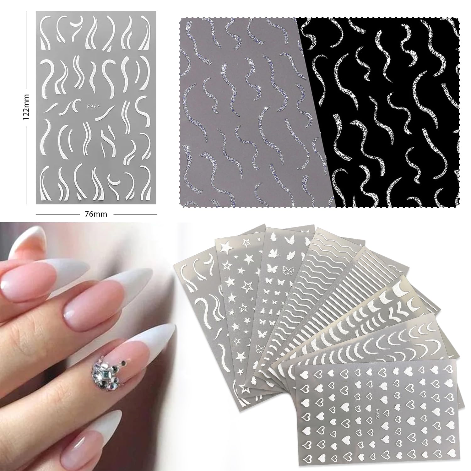 DANNEASY 8 Sheets White Nail Art Stickers - French Tips, Stripe & Holographic Nail Decals - Self-Adhesive Nail Design Stickers for Acrylic Nails
