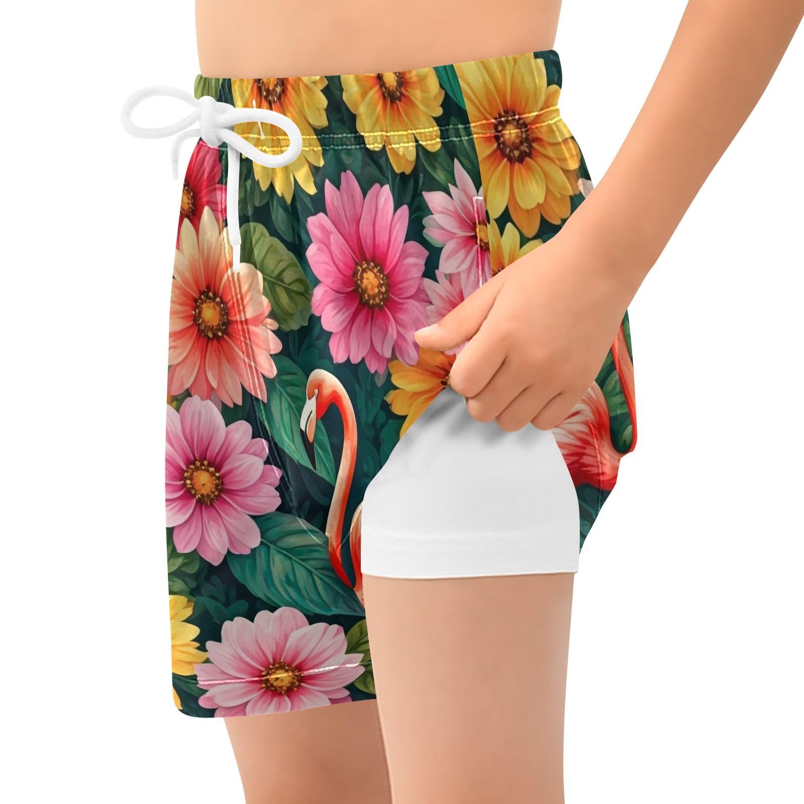 YANENDIE Boy Swim Trunks with Compression Liner Tropical Floral Flamingo Boys Swim Shorts Quick Dry Beach Shorts