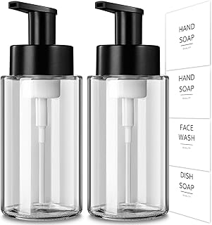 Foaming Soap Dispenser, 12 Oz Glass Foaming Soap Dispenser, 2 Pack Clear Foam Hand Soap Dispenser for Bathroom & Kitchen, Refillable Foaming Soap Dispenser Pump Bottle with Waterproof Labels