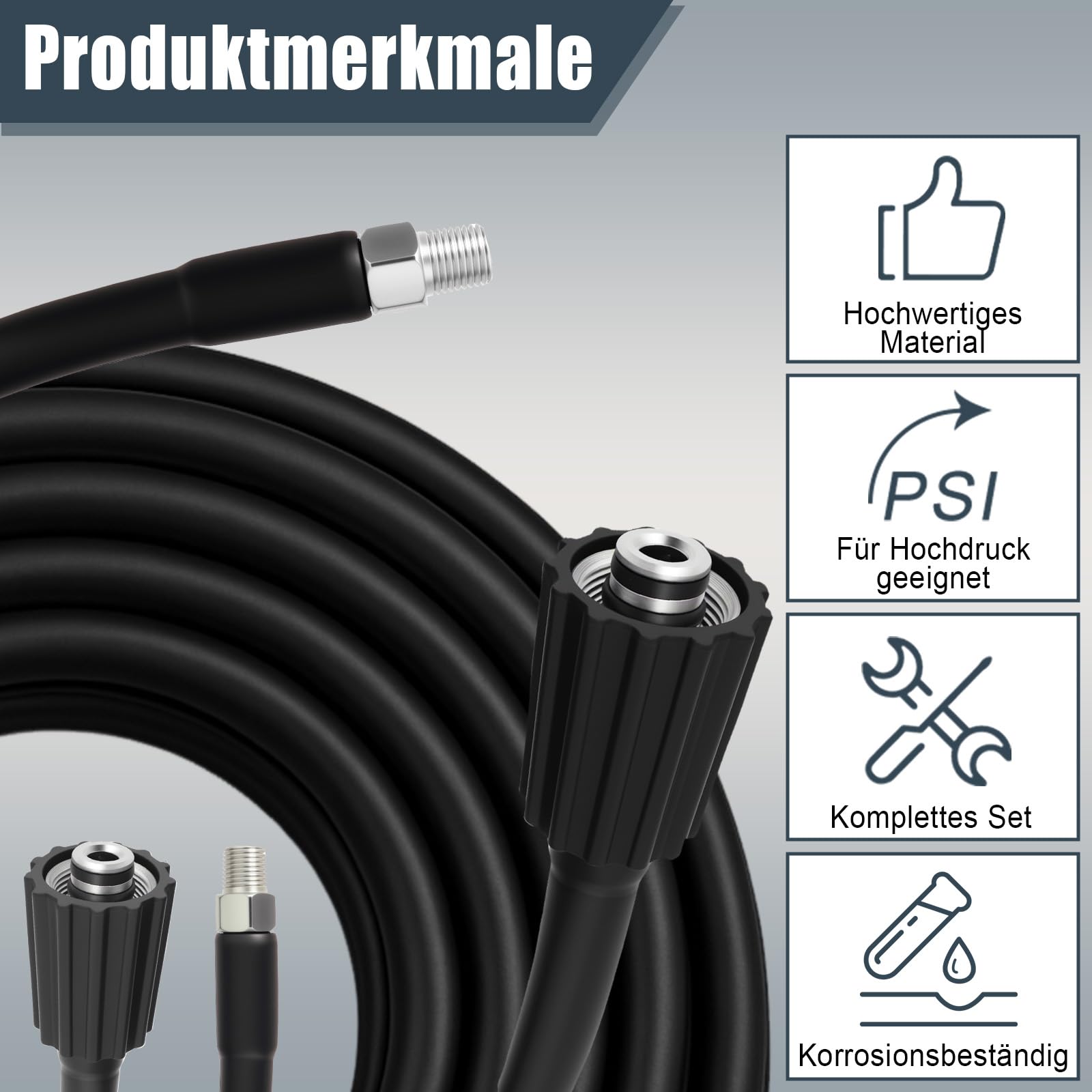 Tuyau de nettoyage de canalisations 30 m (par exemple K2 – K7) | 400 bar/60 ℃ avec 5 buses et adaptateur, compatible avec les nettoyeurs haute pression de la série K– Nettoyage efficace des