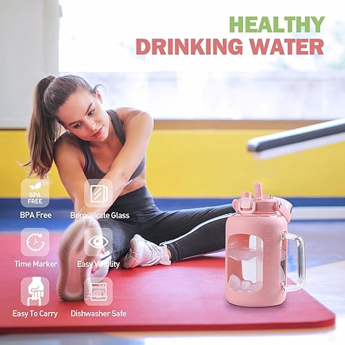 Miniatura 6 de Botella de agua de vidrio de 64 onzas, vasos de vidrio con popote y asa, taza con funda de silicona, botella de agua de boca ancha de medio galón