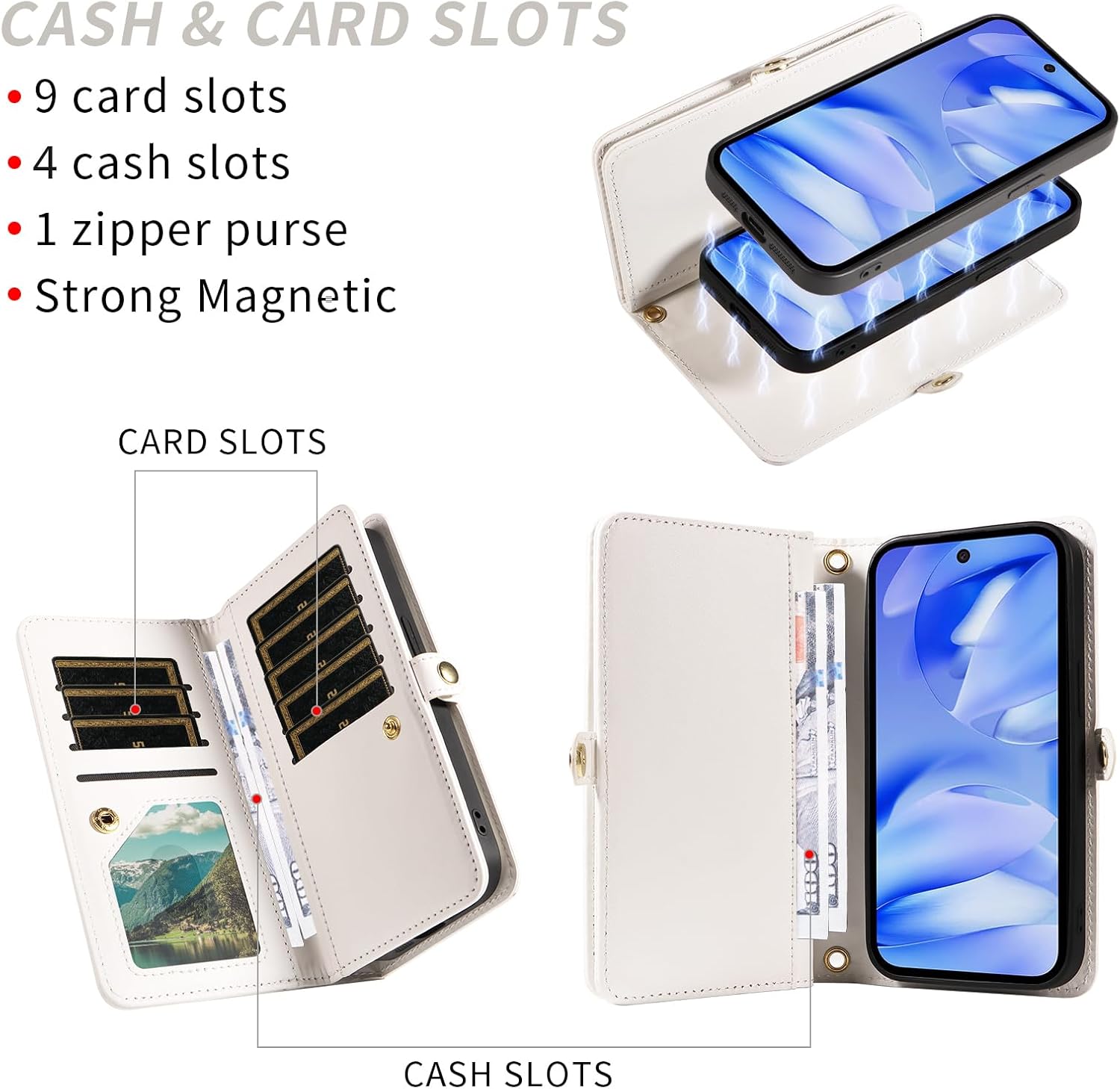 Phone Case for Google Pixel 9A Zipper Wallet Detachable Magnetic Cell Cover with Screen Protector Crossbody Lanyard Strap Bling Glitter Flip Credit Card Holder Slots Pixel9A A9 5G Women Girls White
