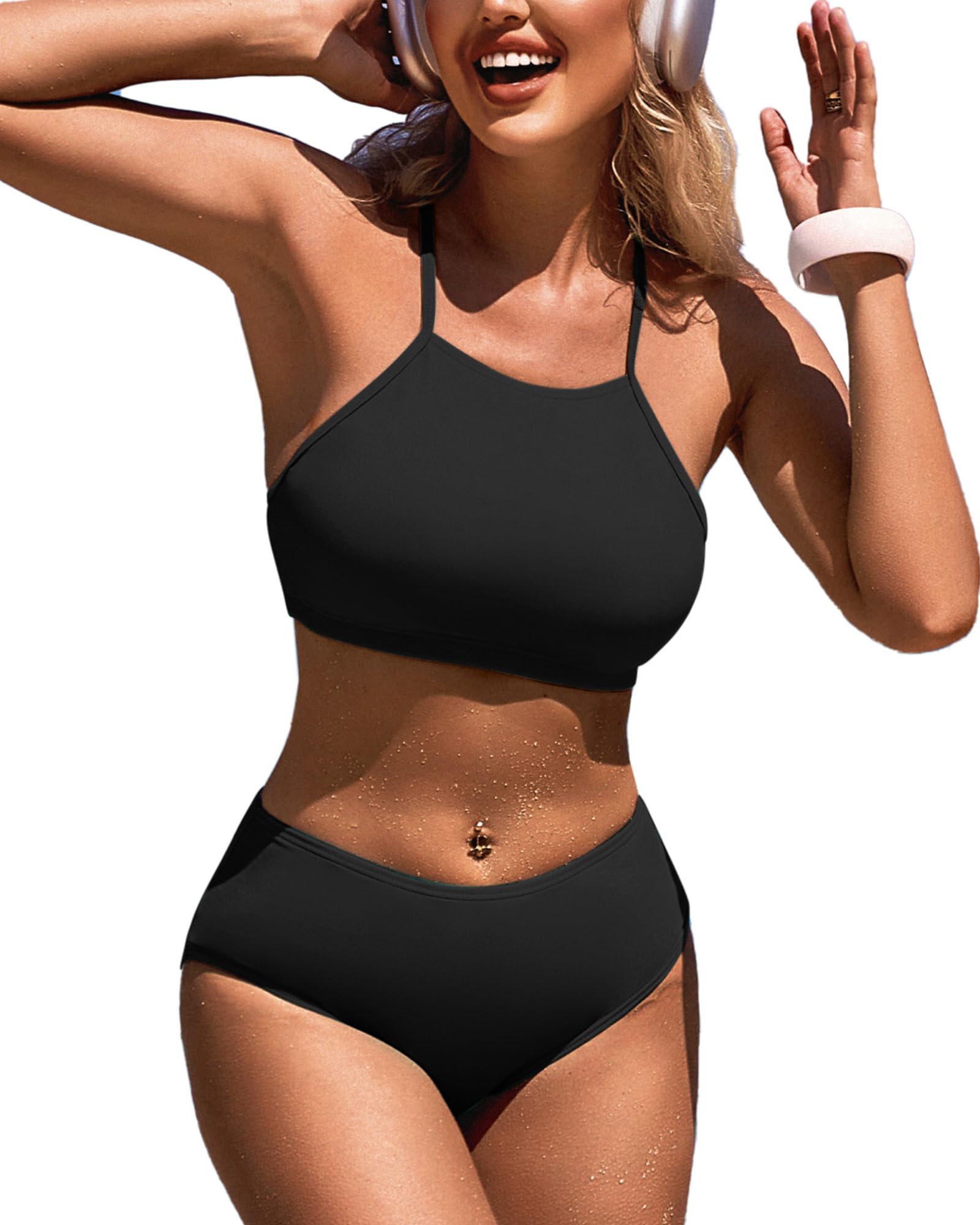 CharmLeaksWomens High Neck Bikini Two Piece Padded Swimsuit