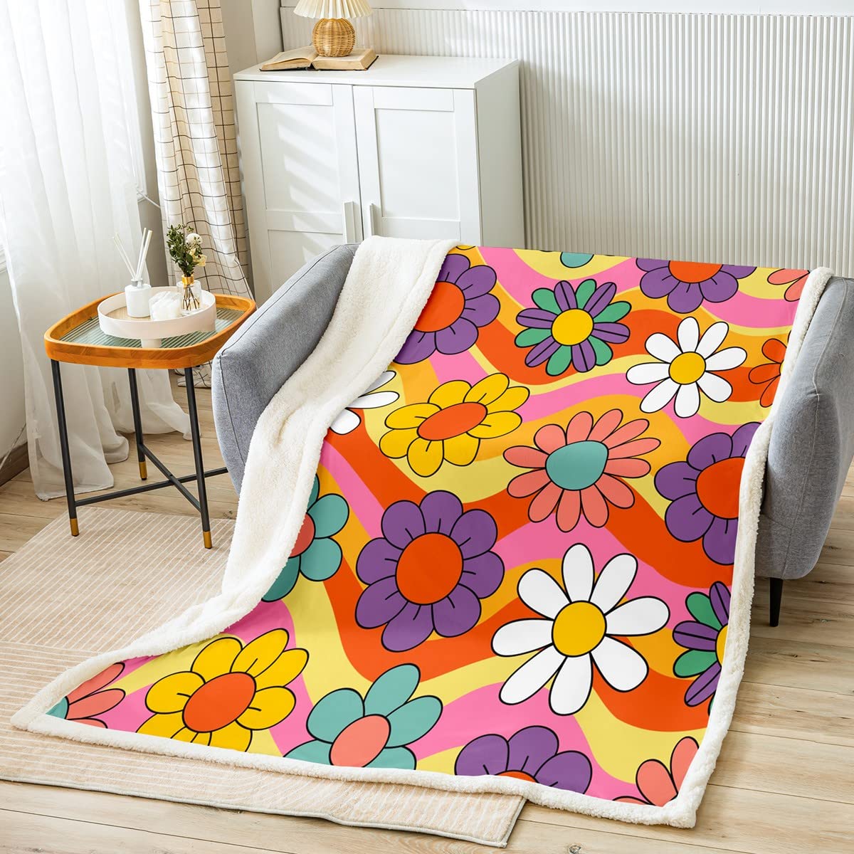 Homewish Kids Cute Flowers Sherpa Blanket 40"X50" Girls Colorful Groovy Floral Throw Blanket Groovy Room Decor Rainbow Stripes Plush Bed Blanket 60S 70S Hippie Flannel Blanket