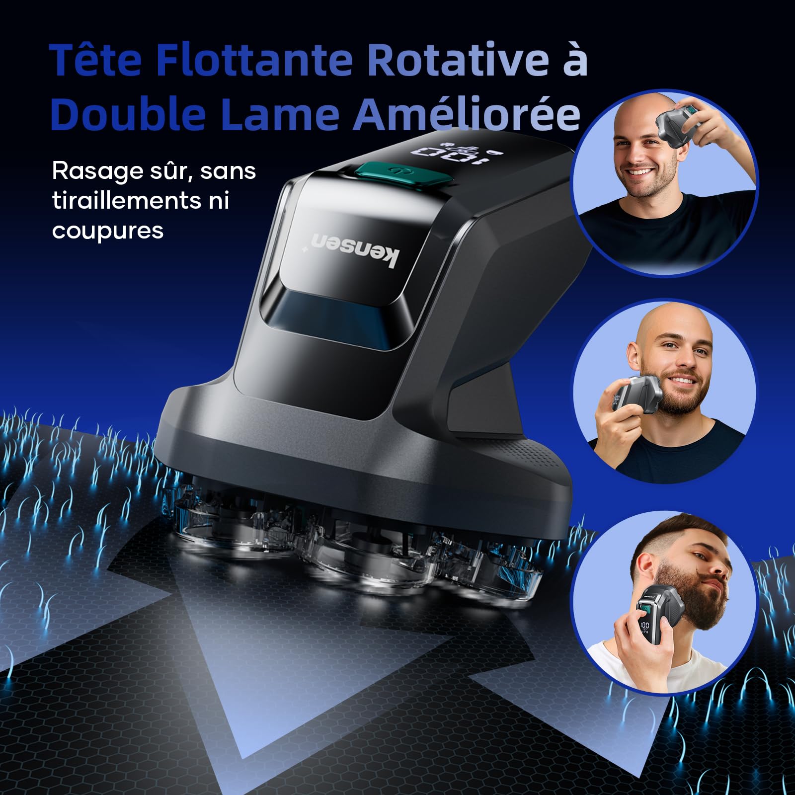 Kensen Rasoir Tete Chauve Homme 7D Rasoir Electriques Hommes 100 Mins d'Autonomie Tondeuse Crane Chauve IPX6 Étanche Sec & Humide Rasoir Crane Homme Chauve avec Écran LED，USB-C，8100 & 8500 tr/min