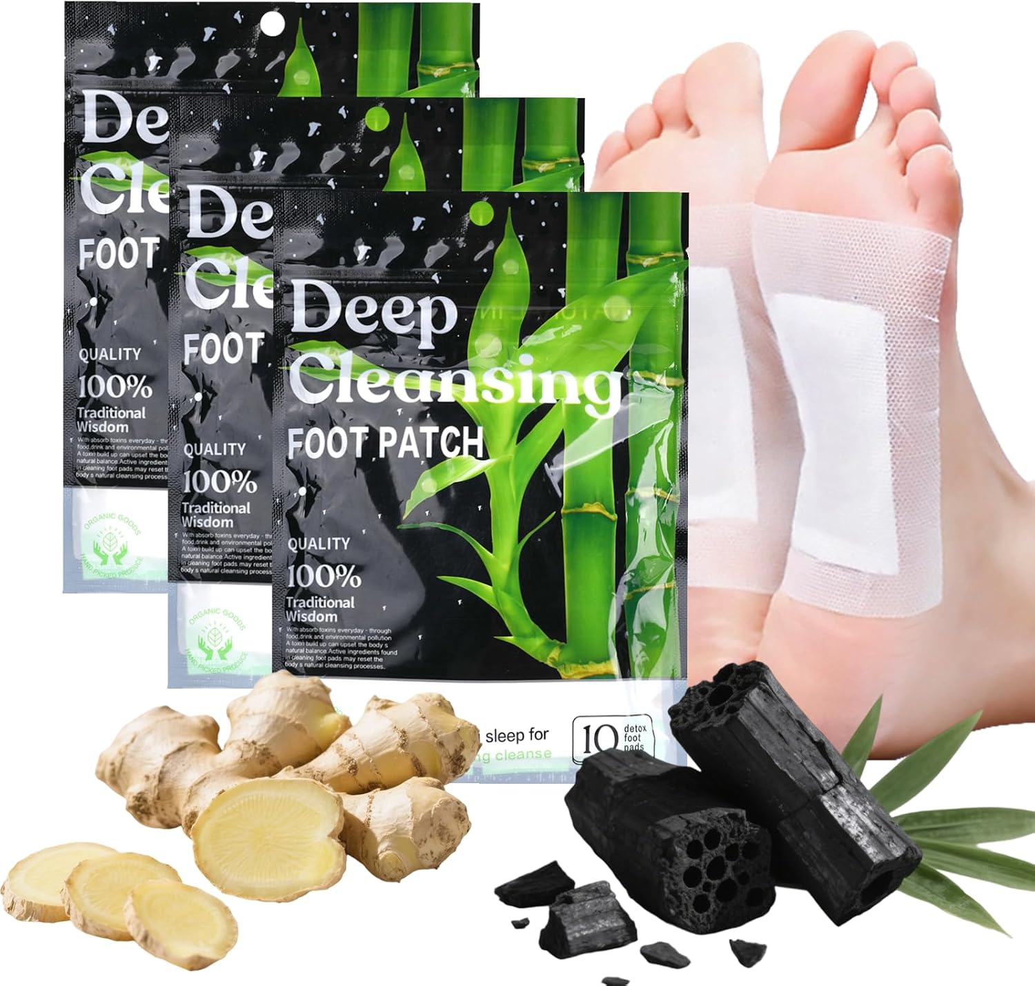 30PCS Natural Bamboo Ginger Powder Foot Pads, Deep Cleansing Foot Patches for Relaxation, Sleep