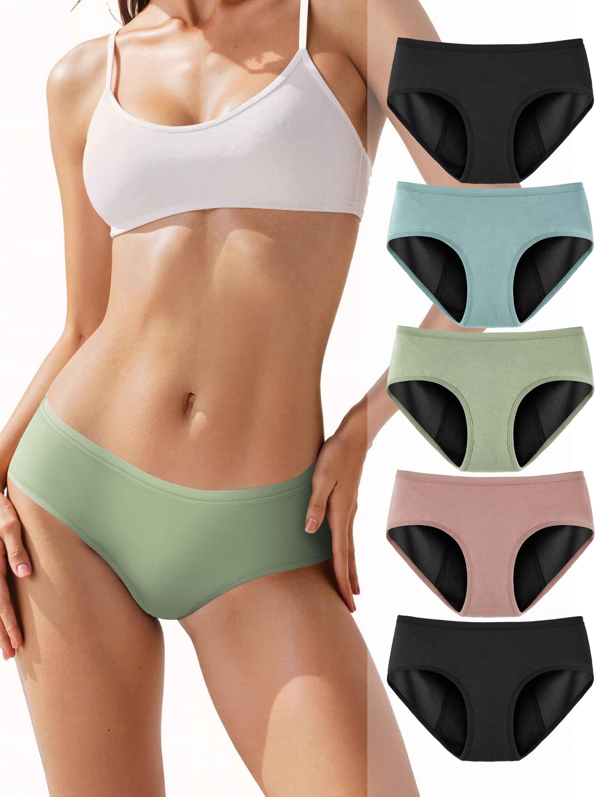 TIICHOO Period Underwear Heavy Flow Incontinence Underwear for Women Menstrual Panties Leakproof 5 Pack (2 Black/1 Turquoise Green/1 Rose Gold/1 Matcha Green, Large)