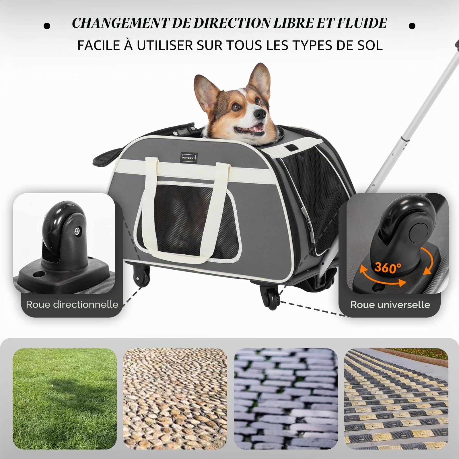 Petsfit Sac Transport Chat avec roulettes Amovibles, Grand Sac de Transport pour Chat pour 2 Chats, Pliable sur roulettes, Chats ou Chiens de Taille Moyenne, avec Fond Imperméable, L/Gris