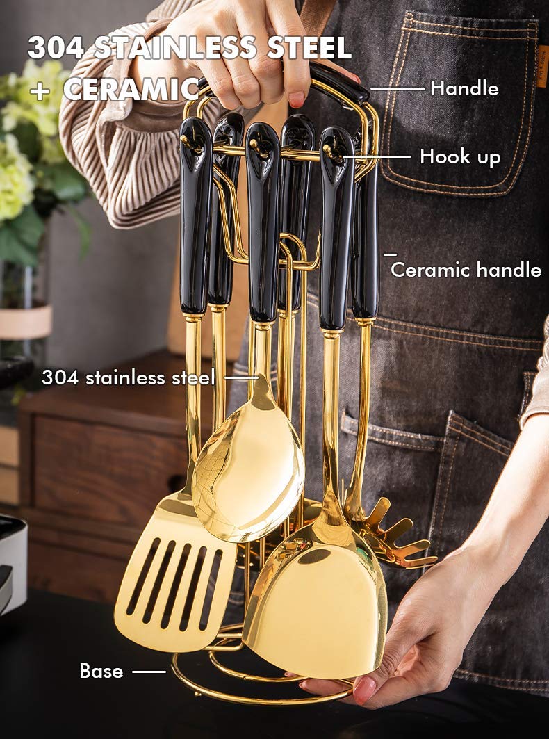 Küchenhelfer-Set 304 Edelstahl 7-teilig Gold Breite Spatel Suppenkelle Sieb Schlitzspatel Spaghetti Server Reislöffel Grün (Schwarz)