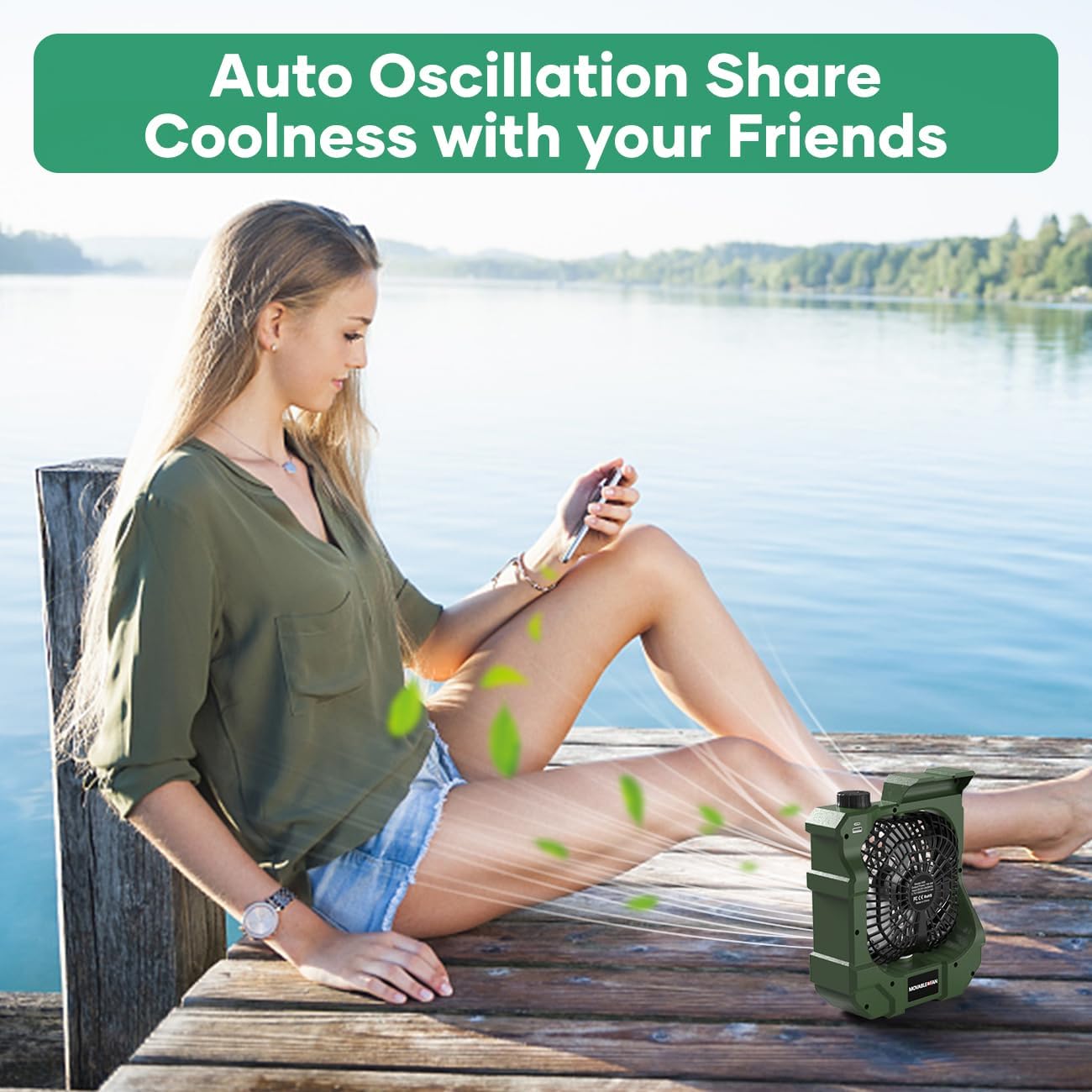 kejector Portable Rechargeable Camping Fan - Battery Operated Oscillating Fan Outdoor Travel Cordless Misting Fans with LED Lantern, USB Ports, Summer Personal Cooling Desk Fans for Tent (Green)