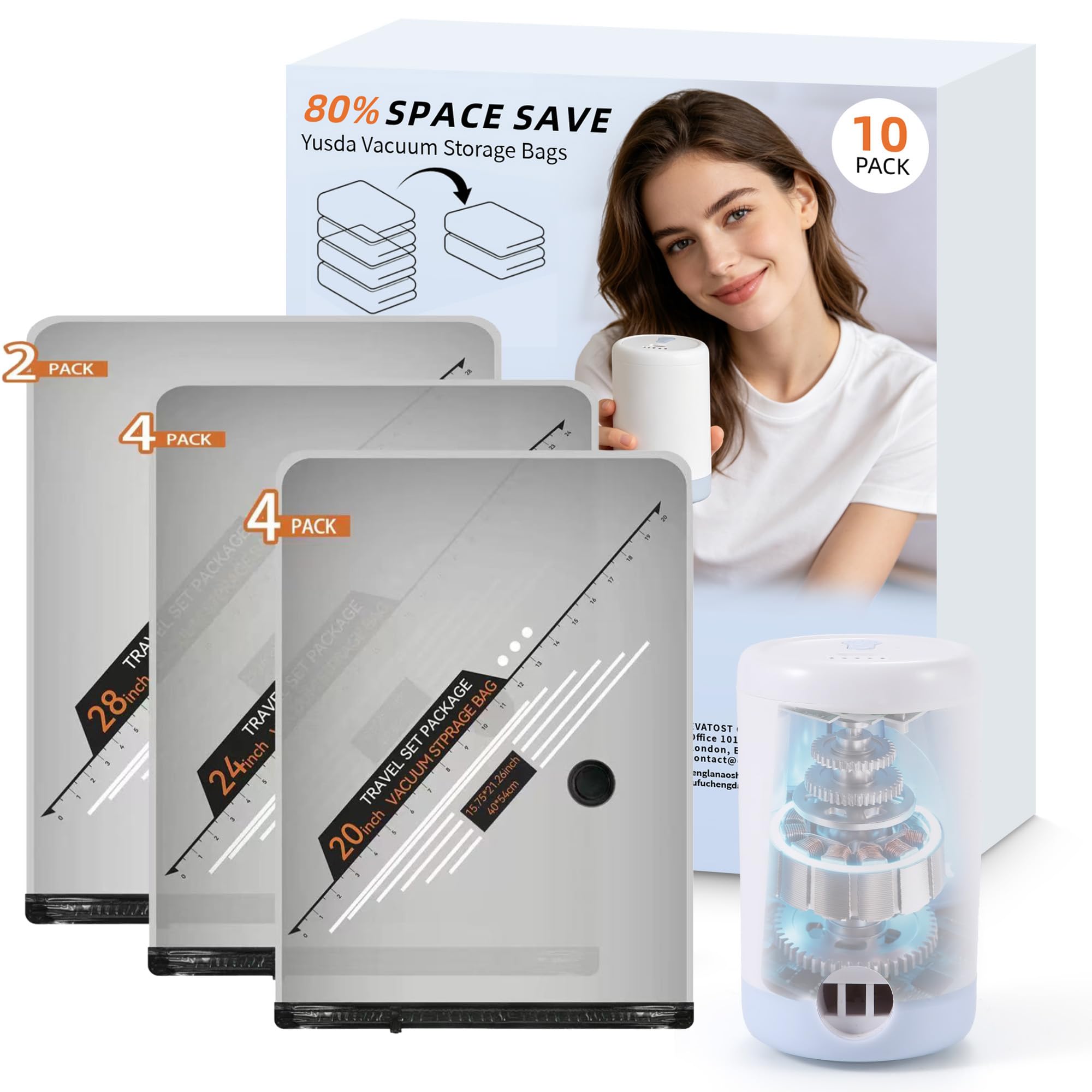 Vacuum Storage Bags for Travel with Wireless Electric Pump, Compression Vacuum Pack Bags for Clothes Reusable Space Saver Bag for Travel & Home, 10Pack, 4S/4M/2L