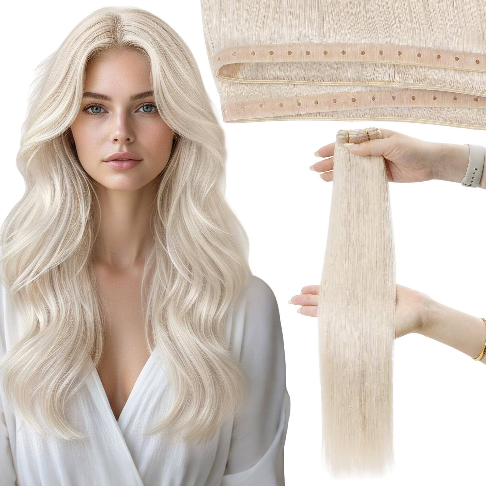 Moresoo Butterfly Weft Hair Extensions Remy Human Hair Ash Blonde Highlight Bleached Blonde 18 Inch OVO Weft Hair Extensions Human Hair Ash Blonde Highlight 100g/pack #18/613 — view 53