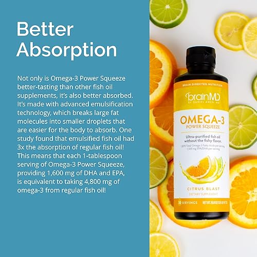 Miniatura 6 de BRAINMD Dr Amen Omega-3 Power Squeeze, Citrus Blast - 16.8 oz - Apoya la salud cardiovascular, cerebral y del sistema inmunológico - Sin gluten - 30