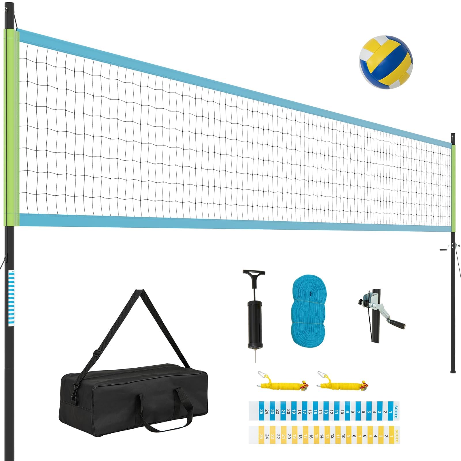 COSTWAY Volleyballnetz für Garten, Beachvolleyball Netz Outdoor 3 stufig höhenverstellbar, 9,5 x 1 m Volleyball Netz tragbar mit Volleyball & Tragetasche, Badmintonnetz für Strand, Hinterhof