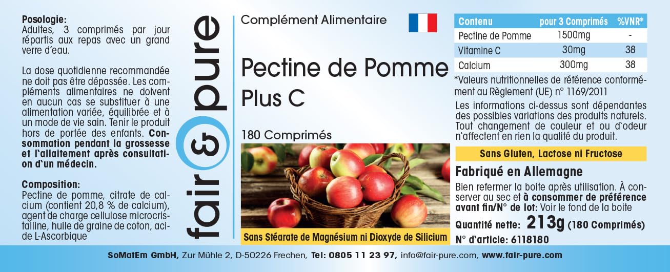 Fair & Pure® - Pectine de Pomme Plus C et calcium - Végan - fibres naturelles - 180 comprimés - emballage pour 2 mois