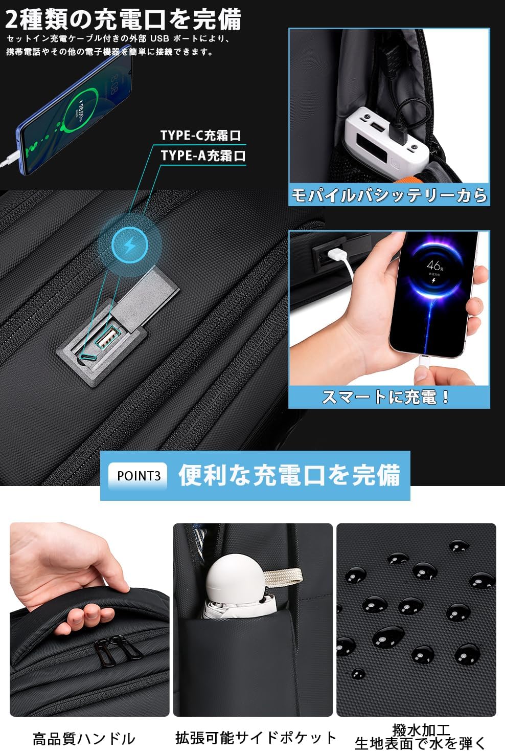 [FENRUIEN] 【独立のPCポケット 拡張機能付き 大容量】リュック ビジネスリュック メンズ USB充電 通勤リュック バックパック 15.6インチPC収納可能 人気 おしゃれ 通勤 高校生 通学 出張 旅行