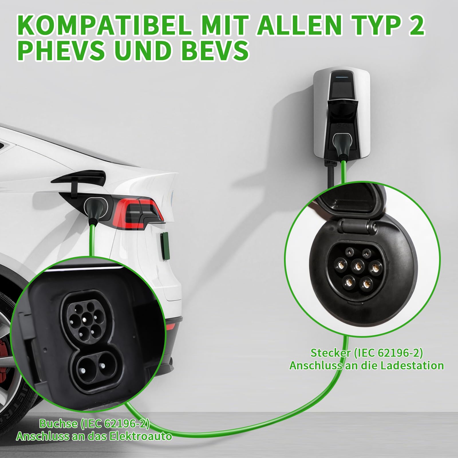 Typ 2 Ladekabel 7,4 kW [32A 1-phasig 5 m Modus 3 IEC 62196-2 ] Elektroauto Ladekabel mit Aufbewahrungstasche & Regenschutzhülle, passend für Wallbox & öffentliche Ladestation,(Grün)