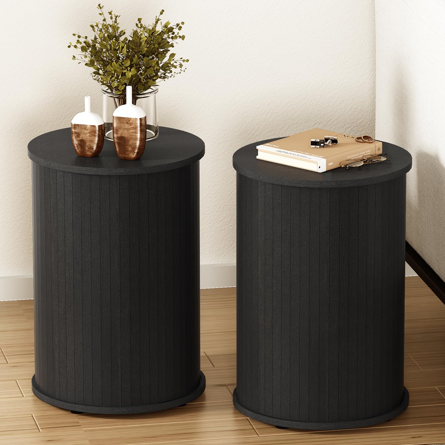 VERTOXIA Round Fluted End Table for Living Room, Modern Wooden Sofa Couch Side Table for Small Spaces, 21.9" H Nightstand Set of 2 for Bedroom, Easy