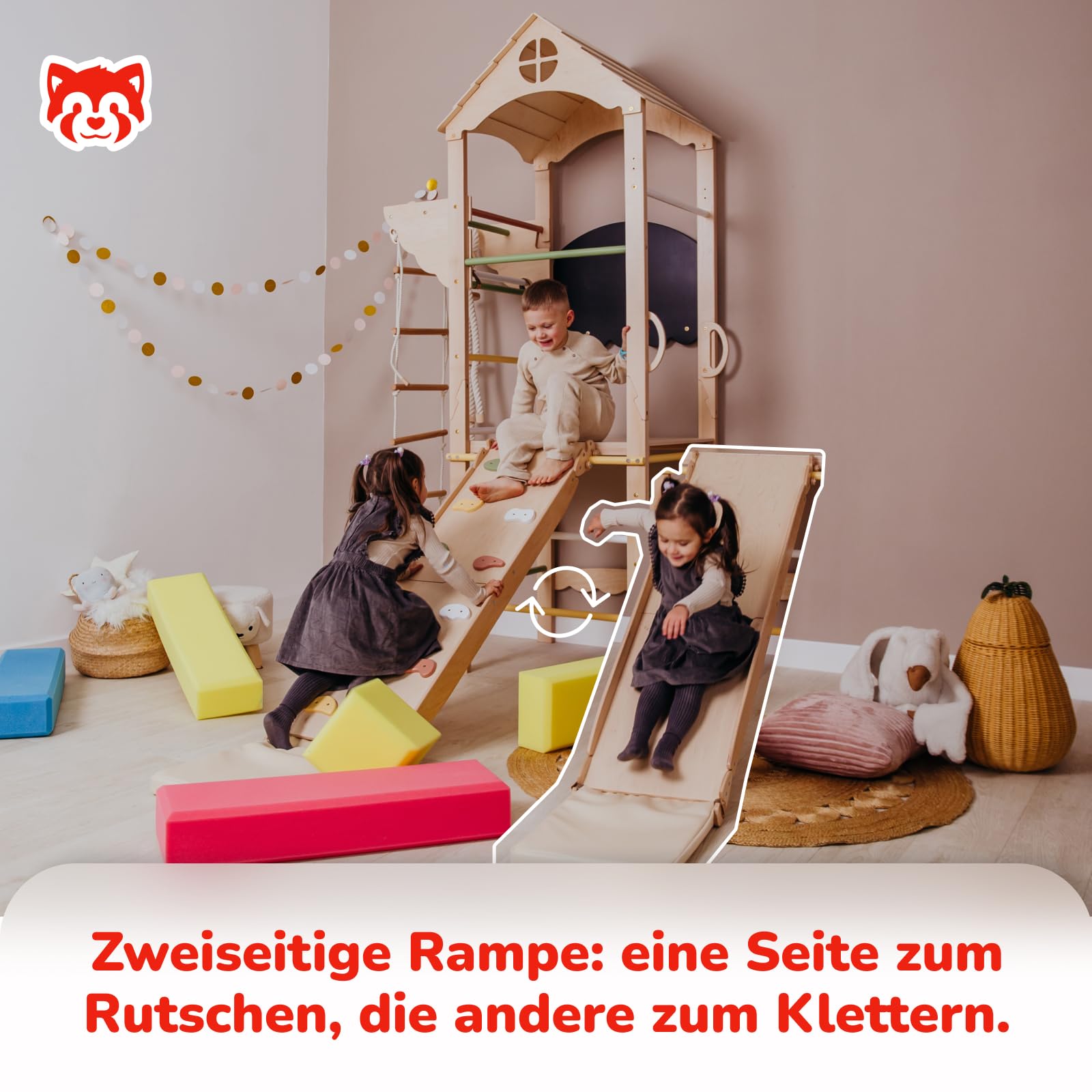 Wood And Hearts Indoor Klettergerüst aus Holz – Kinder Jungle Gym für Zuhause 3–8 Jahre, Mini Kletterturm, Kinderturngerät