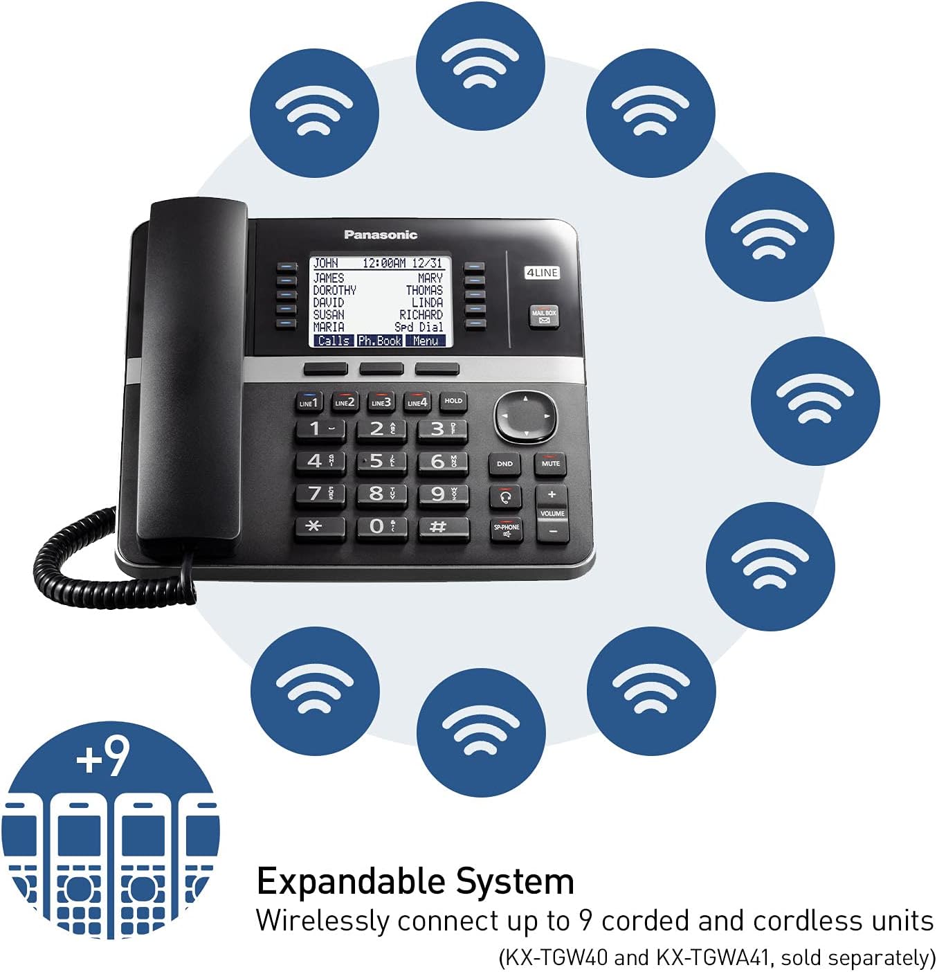 Panasonic Office Phone, Expandable 4-Line Desk Phone for Small and Medium Business, Corded Phone Base Station Expandable Up to 10 Business Phones Wirelessly - KX-TGW420B (Black) : Everything Else
