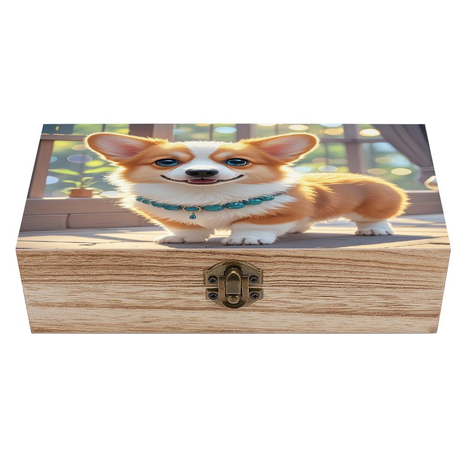 FekiLoot Cute Corgi Dog Illustration Wooden Storage Box Exquisite Wood Keepsake Box Vintage Wooden Gift Jewelry Case for Crafts And Photo Storage Boxes