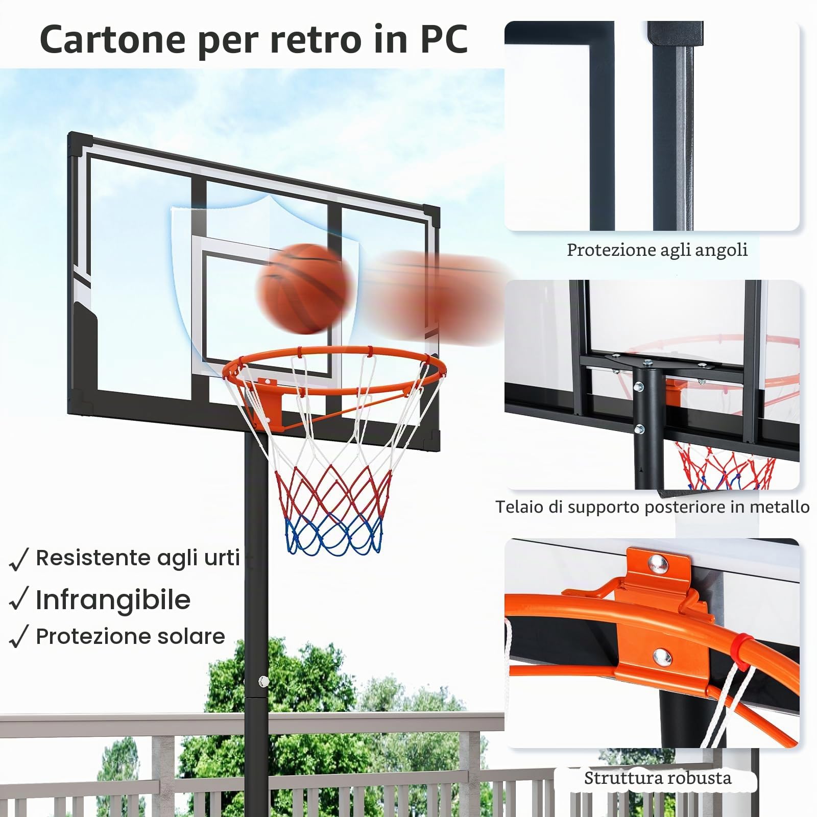 LIFEZEAL Canestro da basket per esterni, supporto da basket con altezza regolabile di 100-305 cm, impianto di basket mobile con parete posteriore di 110 x 75 cm, per bambini e adulti