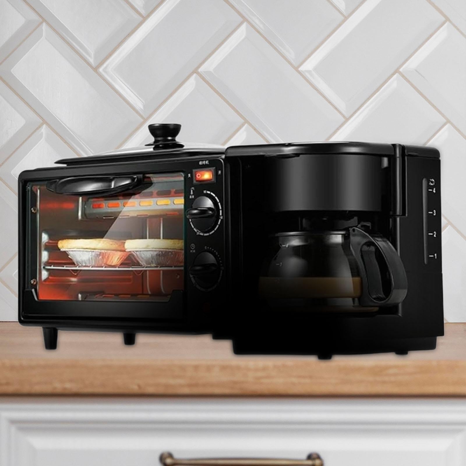 Gralara Máquina de Desayuno 3 en 1 Tostadoras Horno Horno con Temporizador Incluye Cafetera Estaciones de Desayuno Eléctricas Huevo