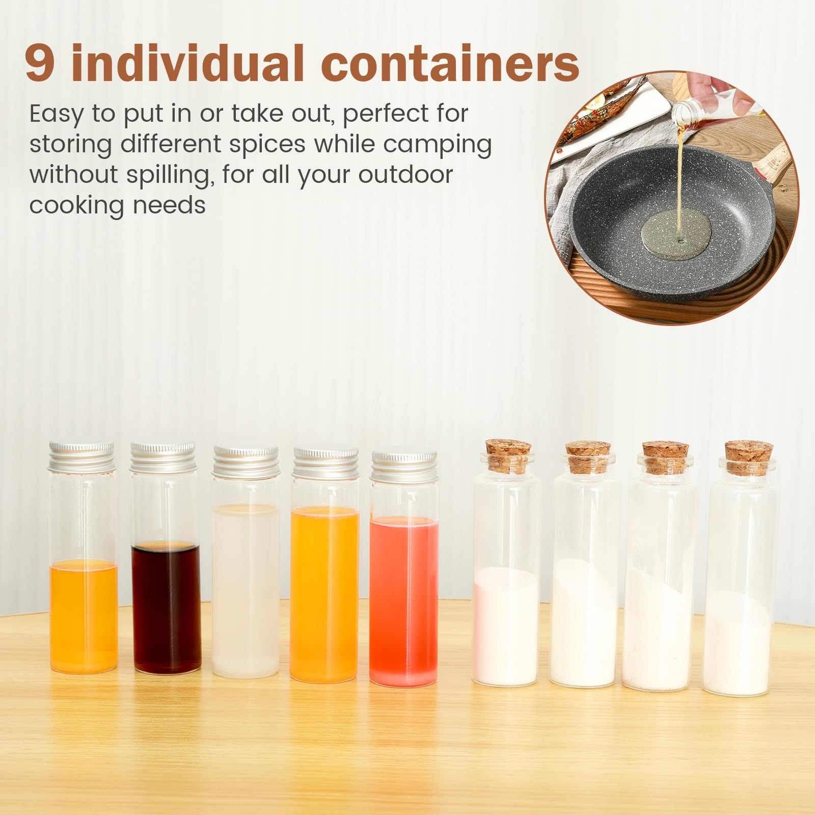 Foribyw Portable Spice Bag with 9 Spice Jars Canvas Seasoning Bottle Holder with Thread Hole Travel Condiment Container Camping Spice Kit for Outdoor BBQ Picnic - Image 3