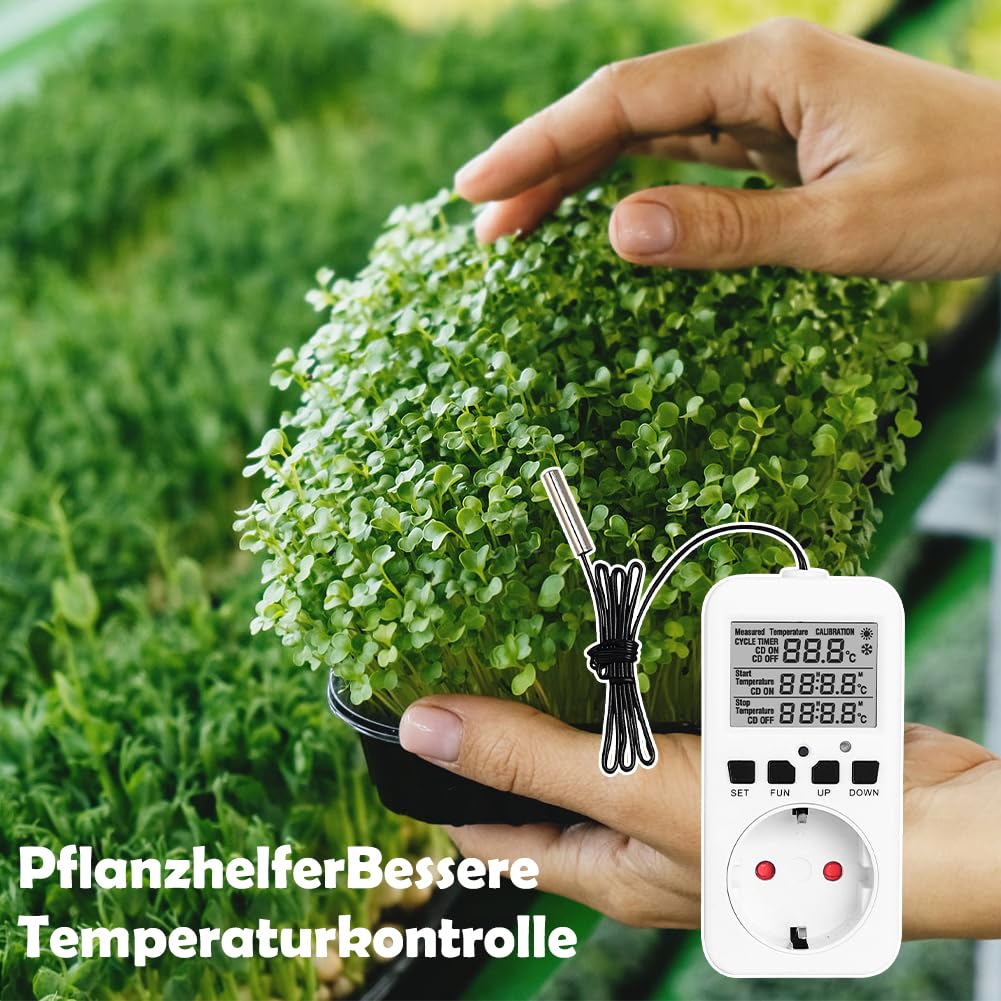 CEWROM Thermostat Steckdose, 16A 230V Heizungsthermostat Digital Temperaturregler mit Fühler, Thermostat Heizung für Gewächshaus Terrarium Heizung Kühlung Temperaturgesteuerte Stecker