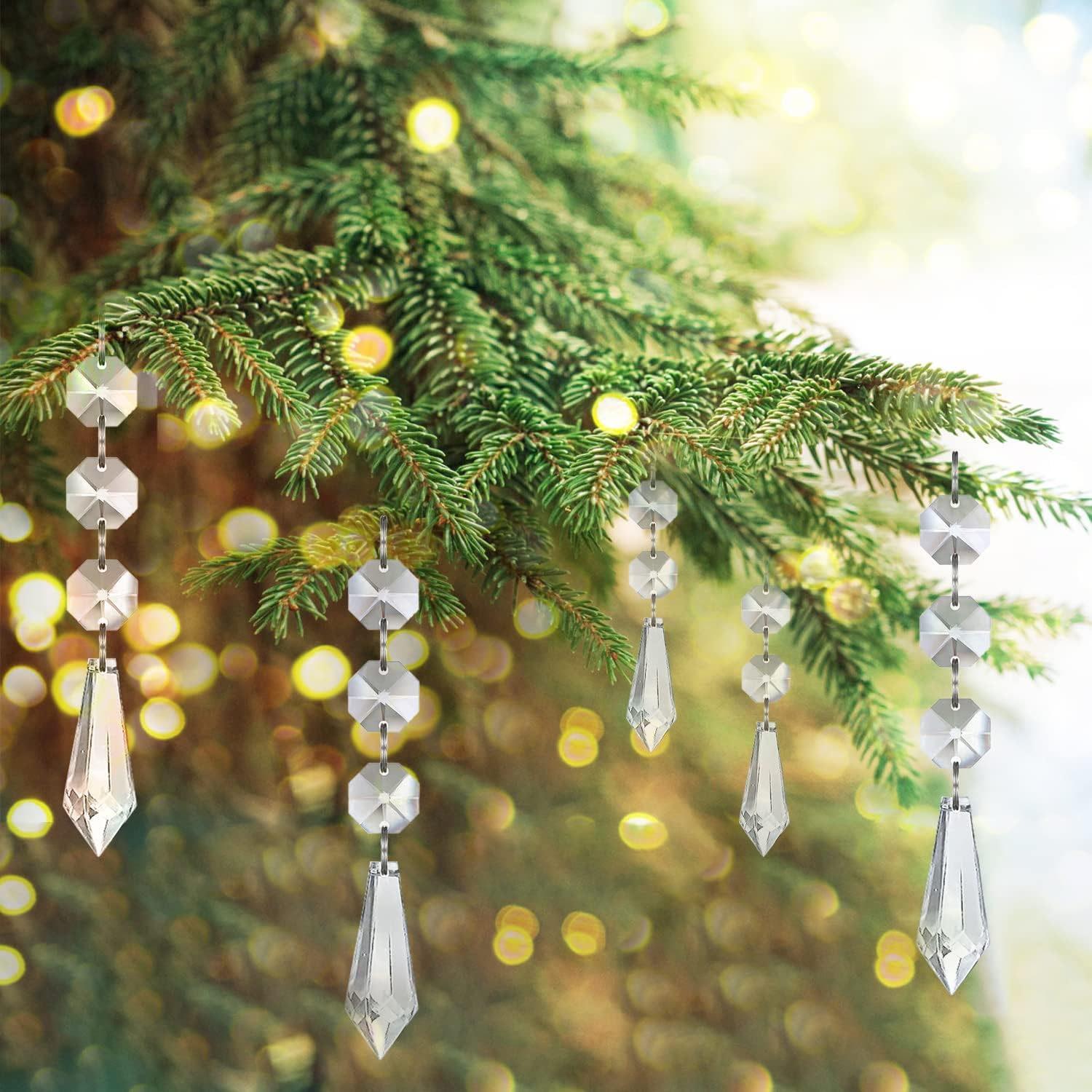 Jishi 30pk Crystal Ornaments for Christmas Tree Decorations, Acrylic Hanging Crystals for Centerpieces Home Decor, Clear Plastic Icicle Prism Drop Pendant w/Crystal Beads for Chandelier Party Supplies image 4