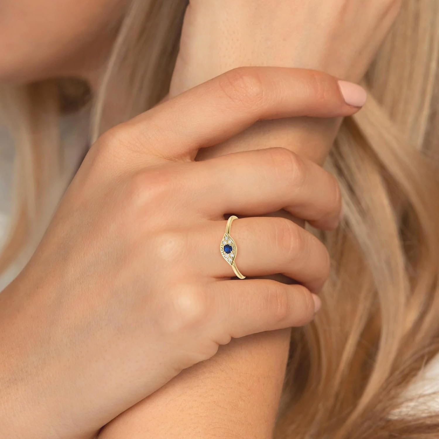 Diamond2Deal Sterling Silver Gold-tone Synthetic Blue Spinel Cubic Zirconia Evil Eye Ring - Image 2