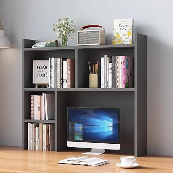 4 Tier Wooden Desk Hutch Grey Desktop Bookshelf & Storage Rack Freestanding nizer for Home Office & Dorm 35.4" W x 7.9" D x 35.4" H