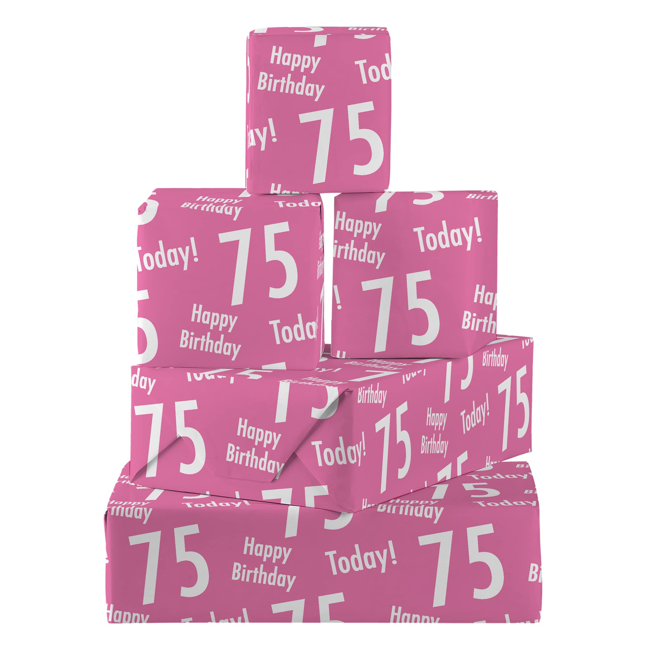 Hunts England - 5 Sheets Of 75th Birthday Pink Fun Wrapping Paper For Women - Includes 5 Gift Tags - Age 75 Female Folded Gift Wrap - Urban Colour Collection - Age Seventy Five Gift Wrap For Her