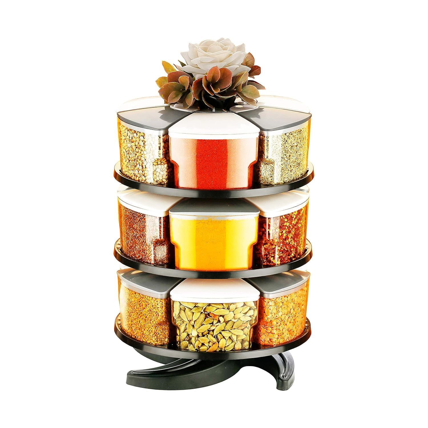 Darkpyro 360° Spice Rack Set of 18 Pieces 3 Layer Spice Set | Masala Box | Masala Container | 300 ml Plastic Grocery Container | Grey - White Combination, Tiered Shelf-image-1