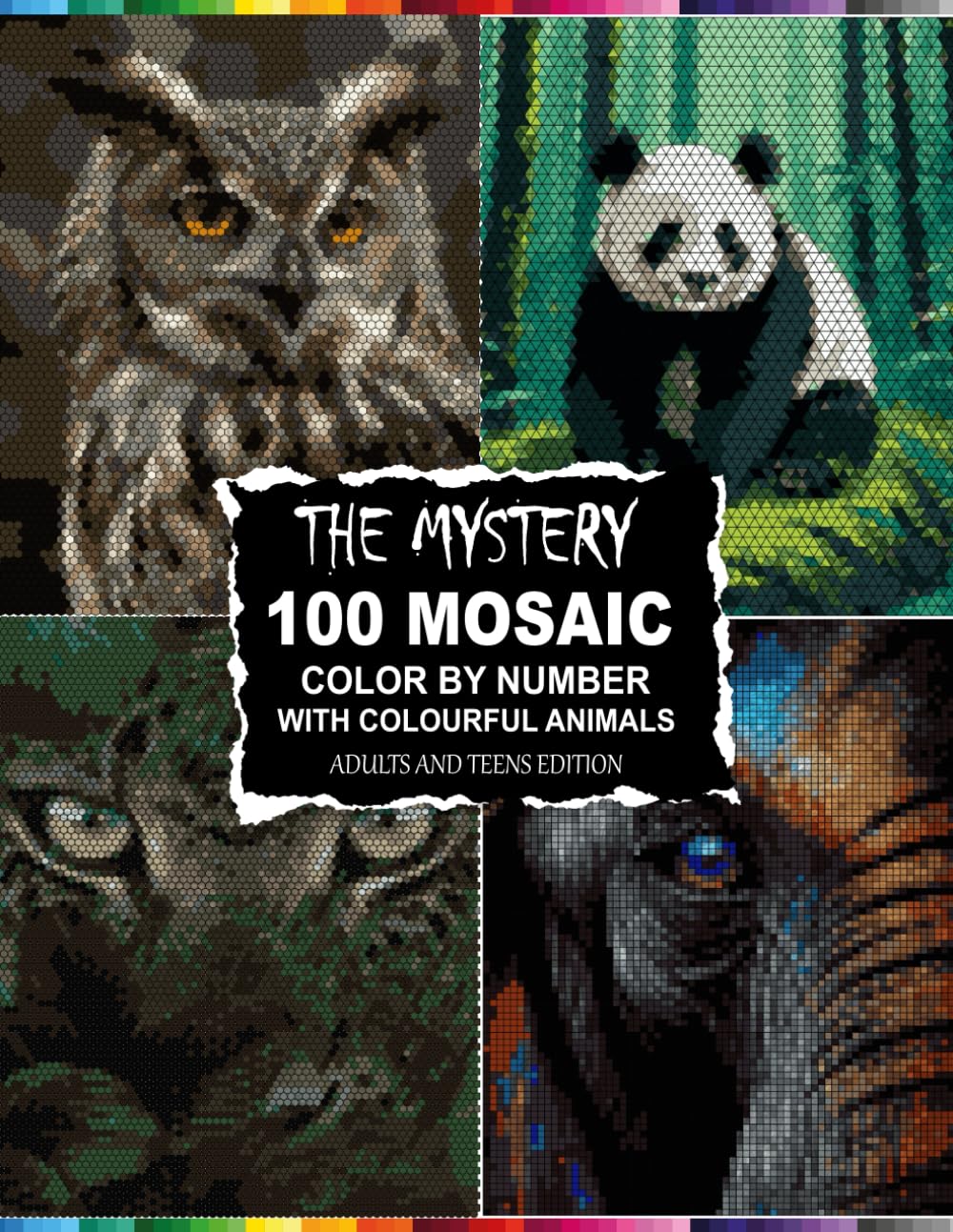 The Mystery 100 Mosaic: Color By Number with Colourful Animals Adults and Teens Edition ( 4 Unique Shapes Style )