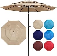 Yaheetech 10ft 3-Tier Vented Patio Umbrella - Tiltable Tan Market Canopy with Thick Polyester for Yard Garden UV Protection