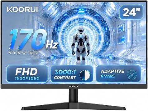 KOORUI 24 Inch Gaming Monitor, 170Hz FHD 1080P VA Display with 30001 Contrast, Eye Care, HDMI & VGA, VESA 100x100mm Mountable for Dorm Room, Dual-Screen Setup, PC and Console Gaming