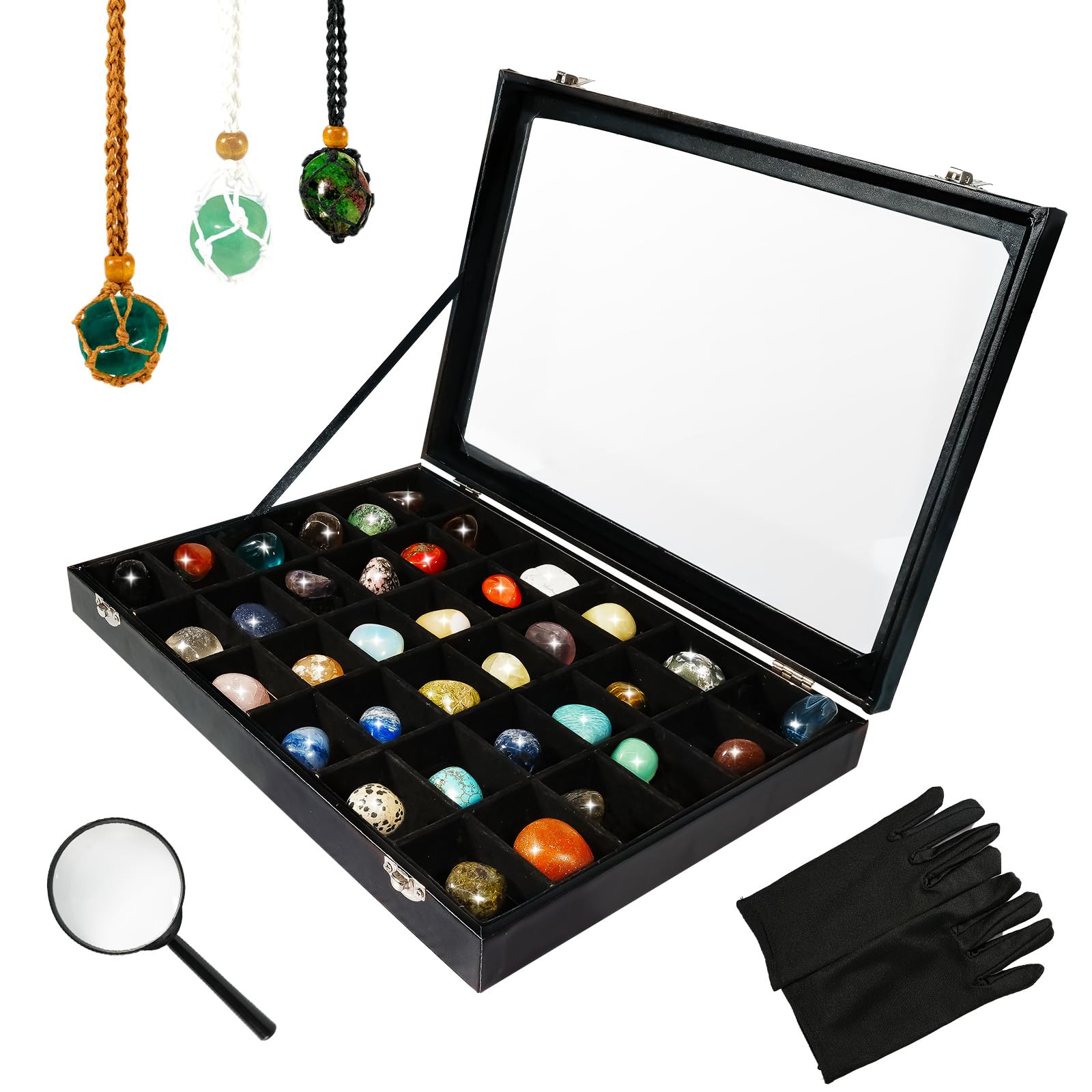 36 Pcs Rock & Mineral Collection with Rock Collection Display Case Crystals and Healing Stones Bulk Gemstone
