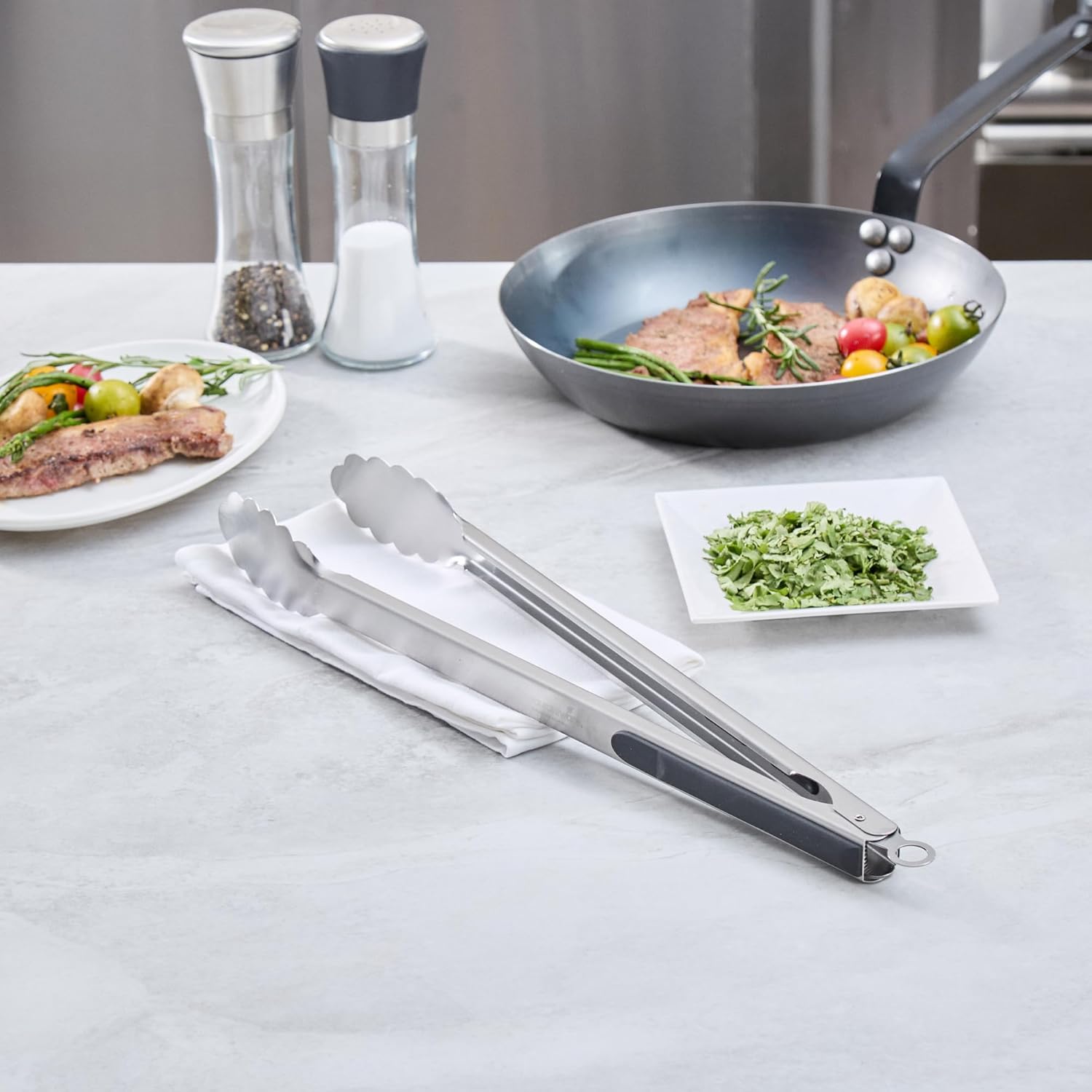 Restaurantware Grilling Tongs - 144 Count Pack - Met Lux 20" x 2" Stainless Steel Grill Tongs, Scalloped Tips, Ergonomic Design, Heat Resistant - Silicone Handle Barbecue Tool For Outdoor Cooking