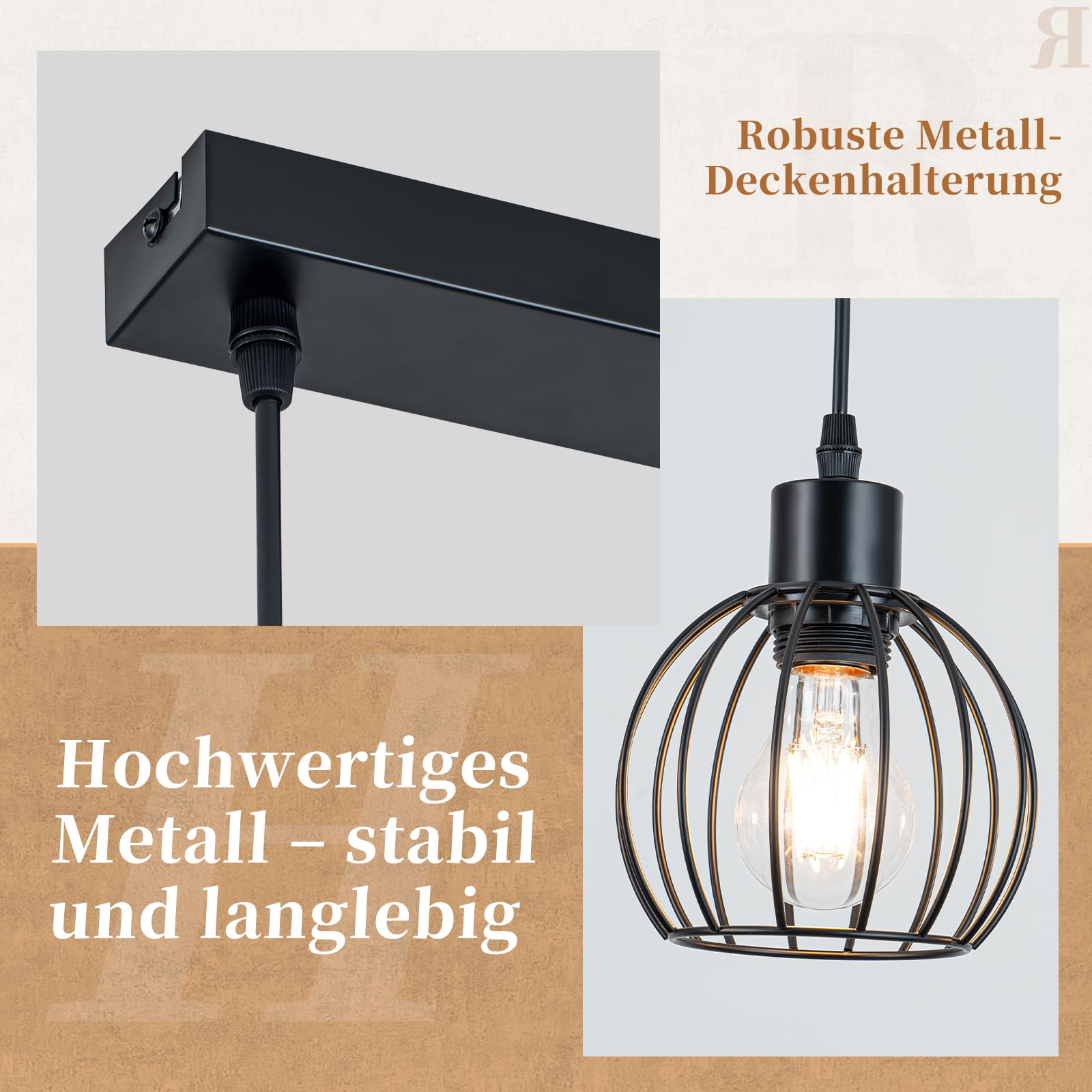 ZMH Vintage Hängelampe Holz 4 flammig - Pendelleuchte esstisch im Industrial Design Schwarz Retro Hängeleuchte Esstischlampe höhenverstellbar für Esszimmer Küche Wohnzimmer Bar (Ohne Leuchtmittel)