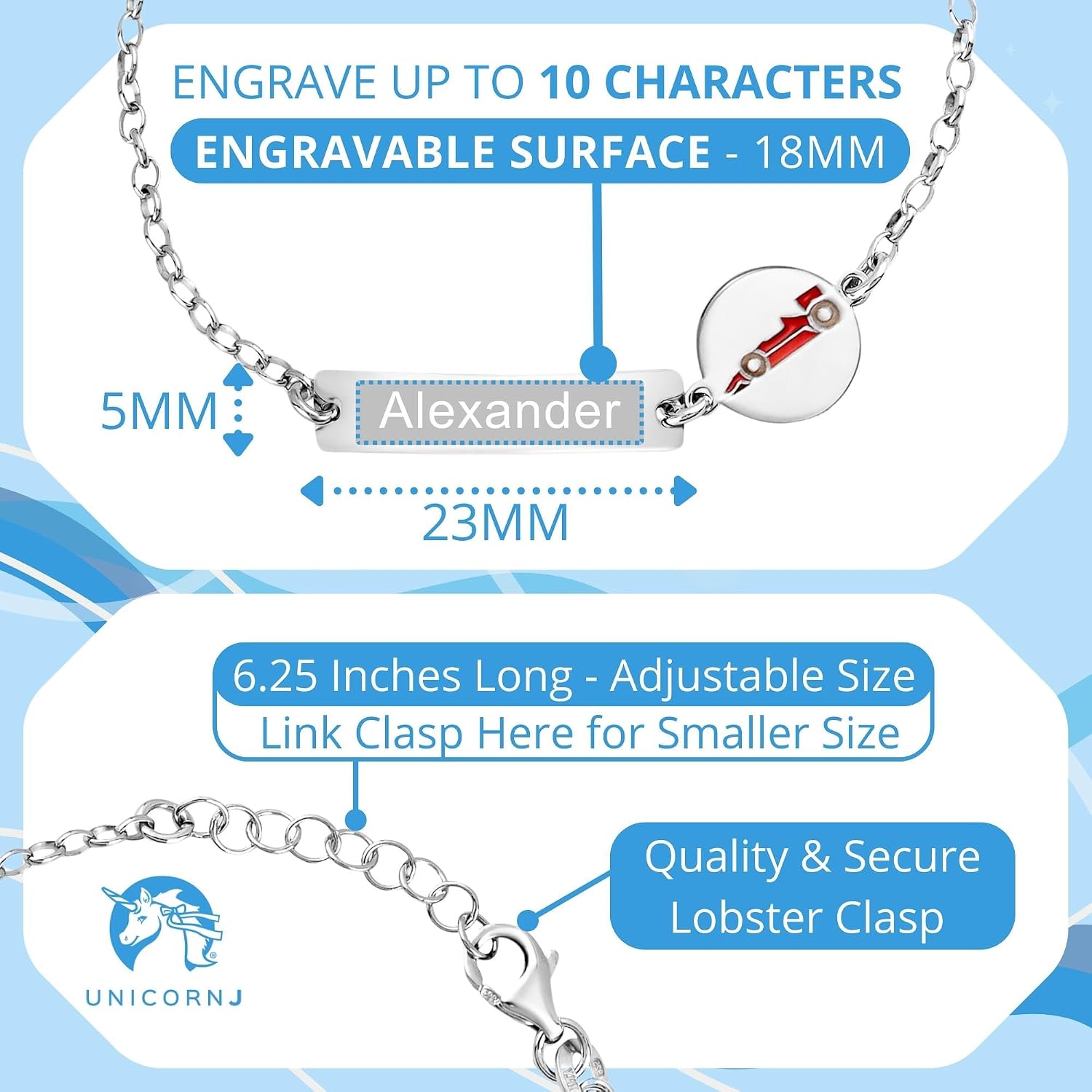 UNICORNJ Sterling Silver 925 Engravable ID Bracelet for Girls Boys Sports Enamel Rolo Chain 6.25"