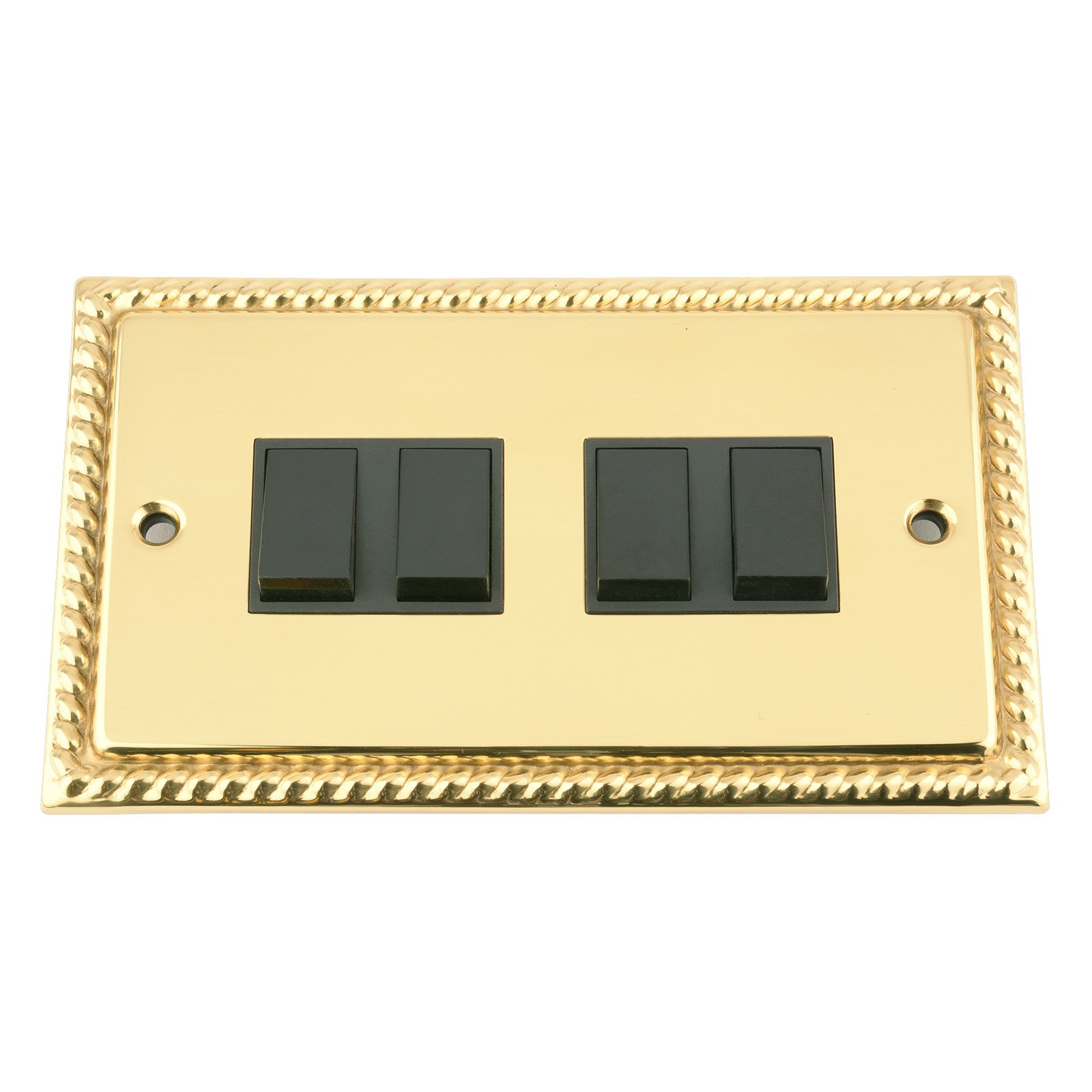 Light Switch 4 Gang - Polished Brass Georgian - Black Insert Plastic Switch - 10 Amp Quad 4 Gang 2 Way
