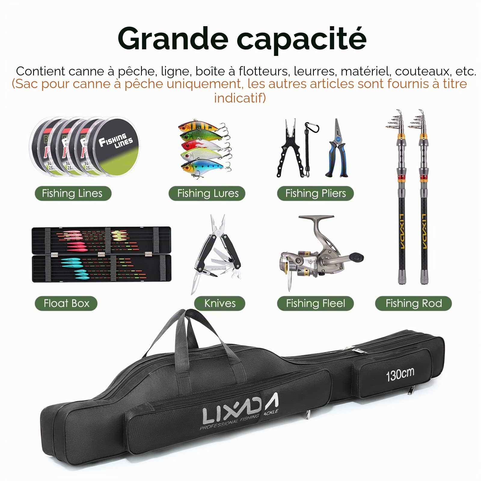 Lixada Sac de pêche Portable Pliable pour Canne à pêche en Plein air, 100 cm/130 cm/150 cm