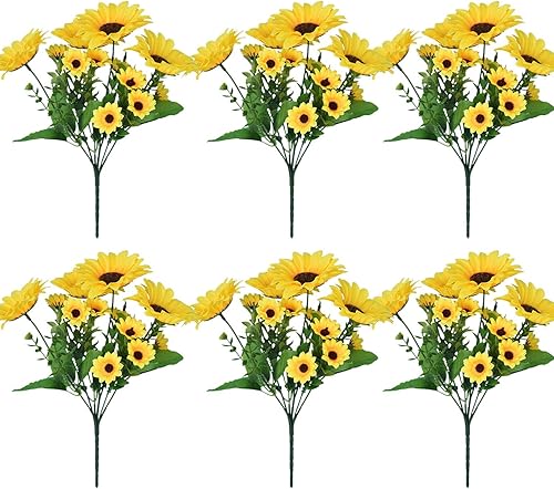 Paquete de 6 girasoles artificiales con tallos para interiores y exteriores, girasol de seda artificial de 12 pulgadas con 13 cabezas de girasol y