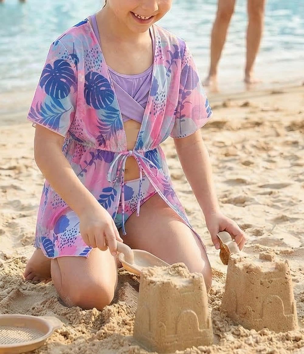 Arshiner Dziewczęce bikini z pareo, trójczęściowy letni kostium kąpielowy, zestaw bikini na plażę, dla dzieci w wieku 7-15 lat