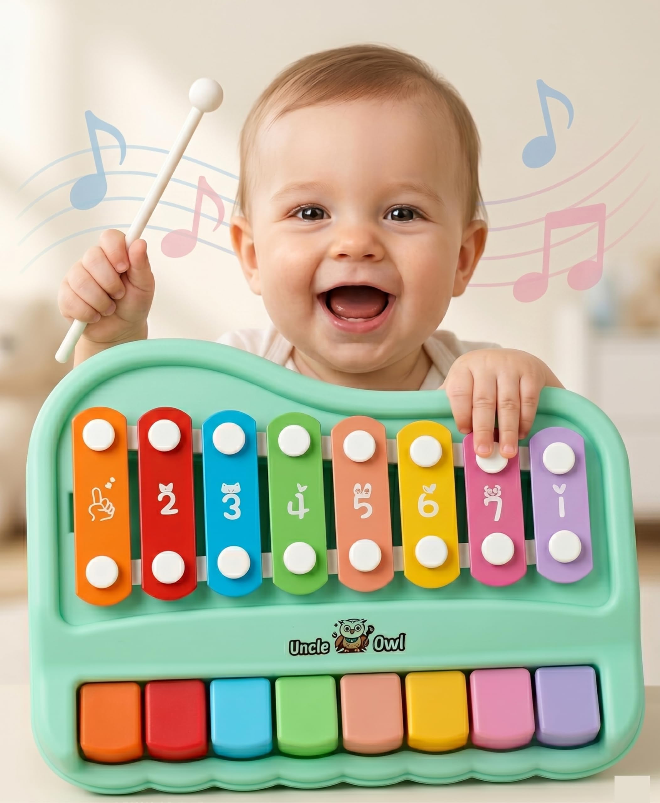 Uncle Owl 2 in 1 Piano Xylophone for Kids 1+ Years Old | Musical Toy for Baby Girls & Boys | 8 Multicolored Keys | Batte
