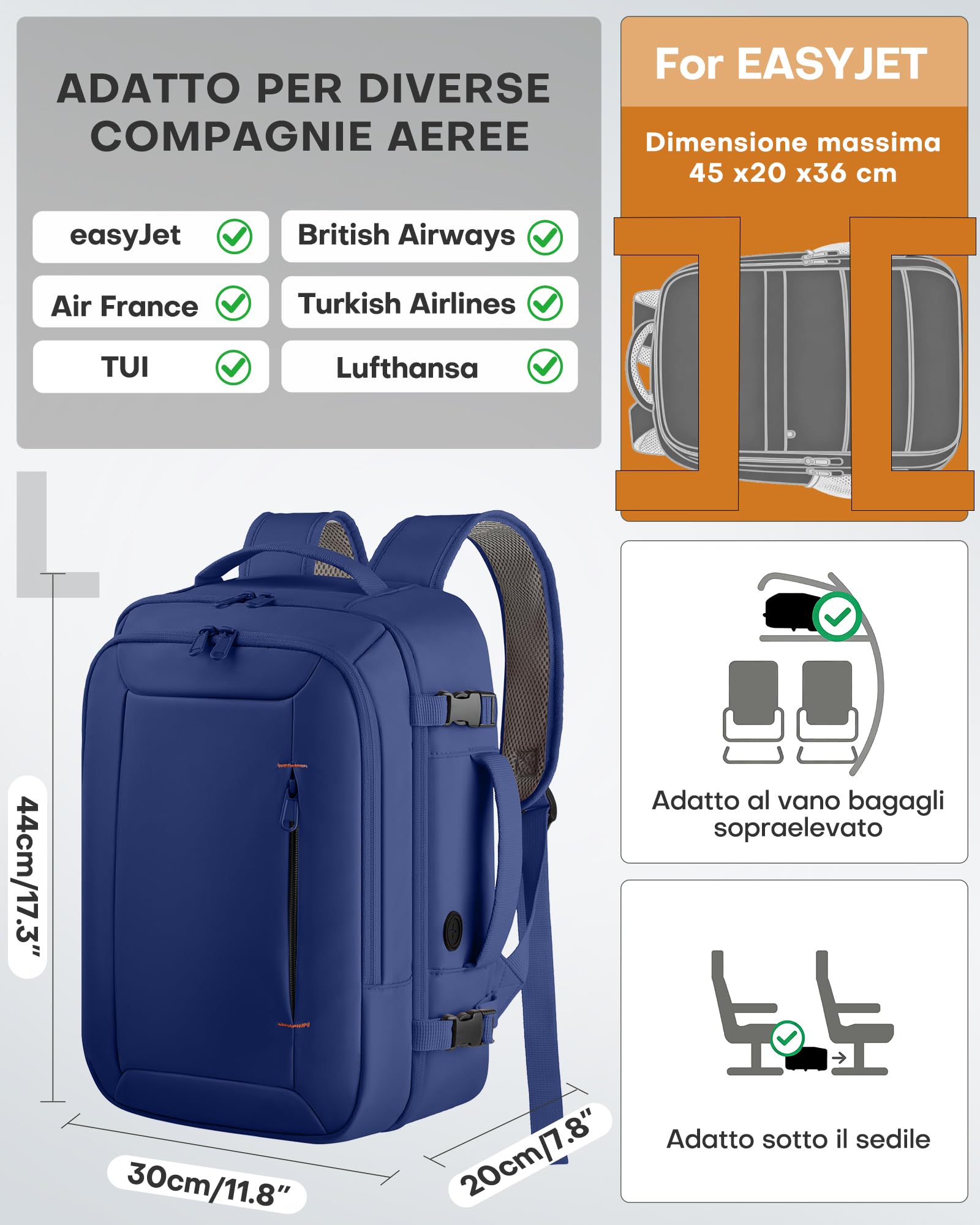 HOTOR Zaino Ryanair 40x20x25 - Zaino da Viaggio Zaino Porta PC Multi-Tasca e Portatile, Bagaglio a Mano Compatibile Ryanair, Con Foro USB, Per Donna e Uomo Lavoro, Viaggi in Aereo e Trekking