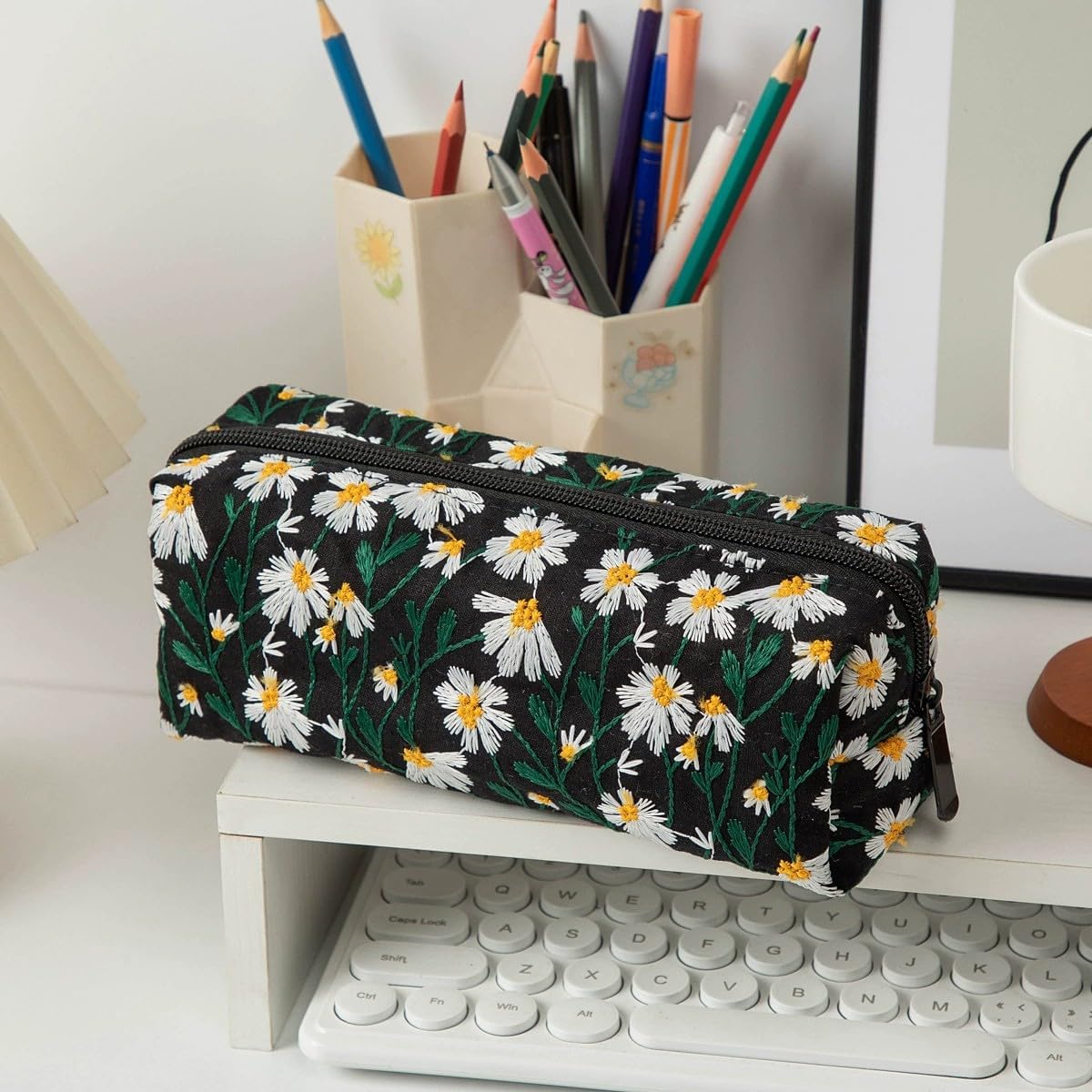 Cute Pencil Case Aesthetic Student Pencil Pouch Coin Pen Pouch Cosmetic Bag Office Stationery Organizer For Kids Teen School (Flowers-L) - Image 2