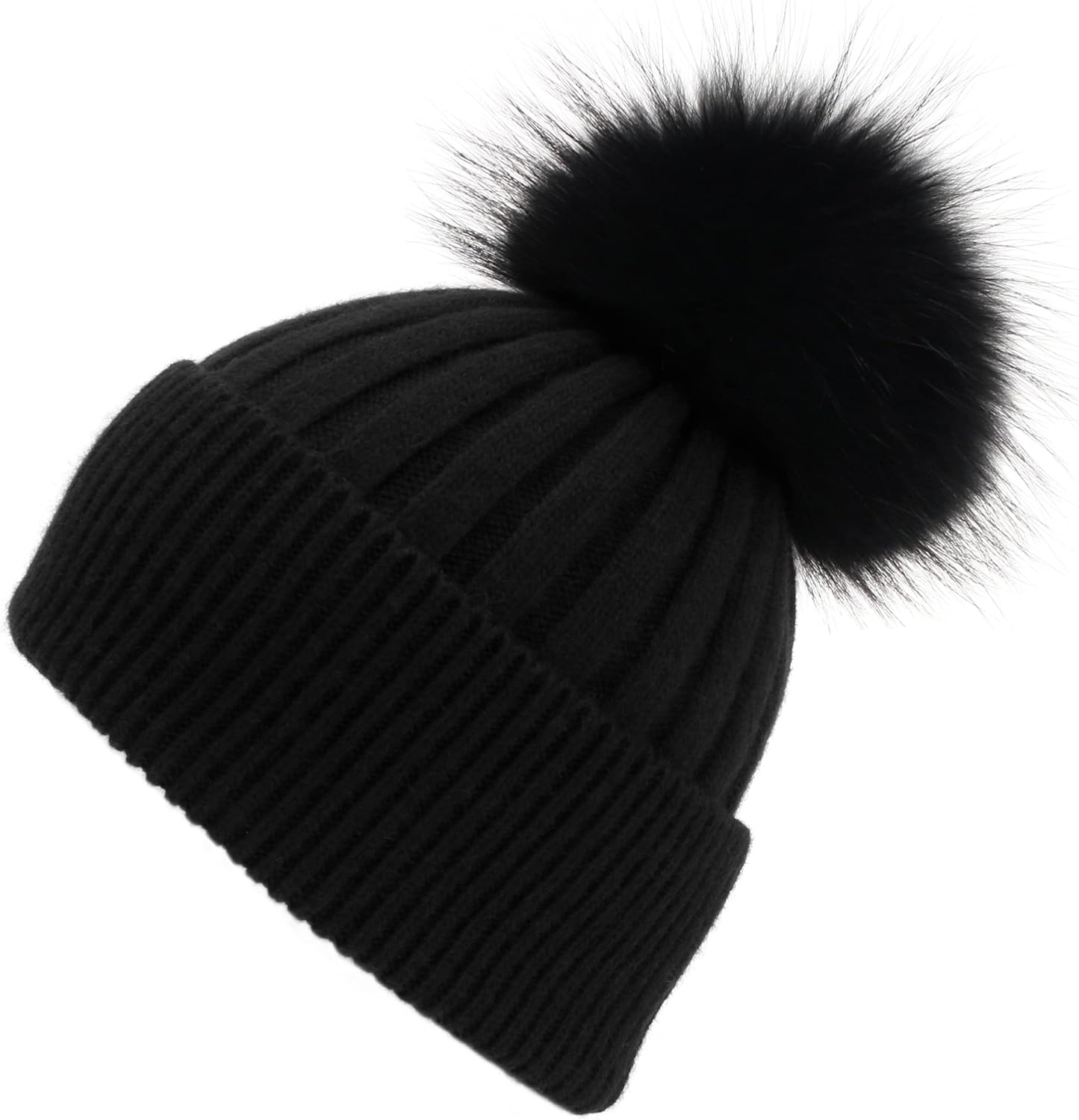 Women's Real Fur Pom Pom Cashmere Blend Winter Ribbed Knit Cuffed Beanie Skull Cap Hat with Fur Pom Beanie Hat