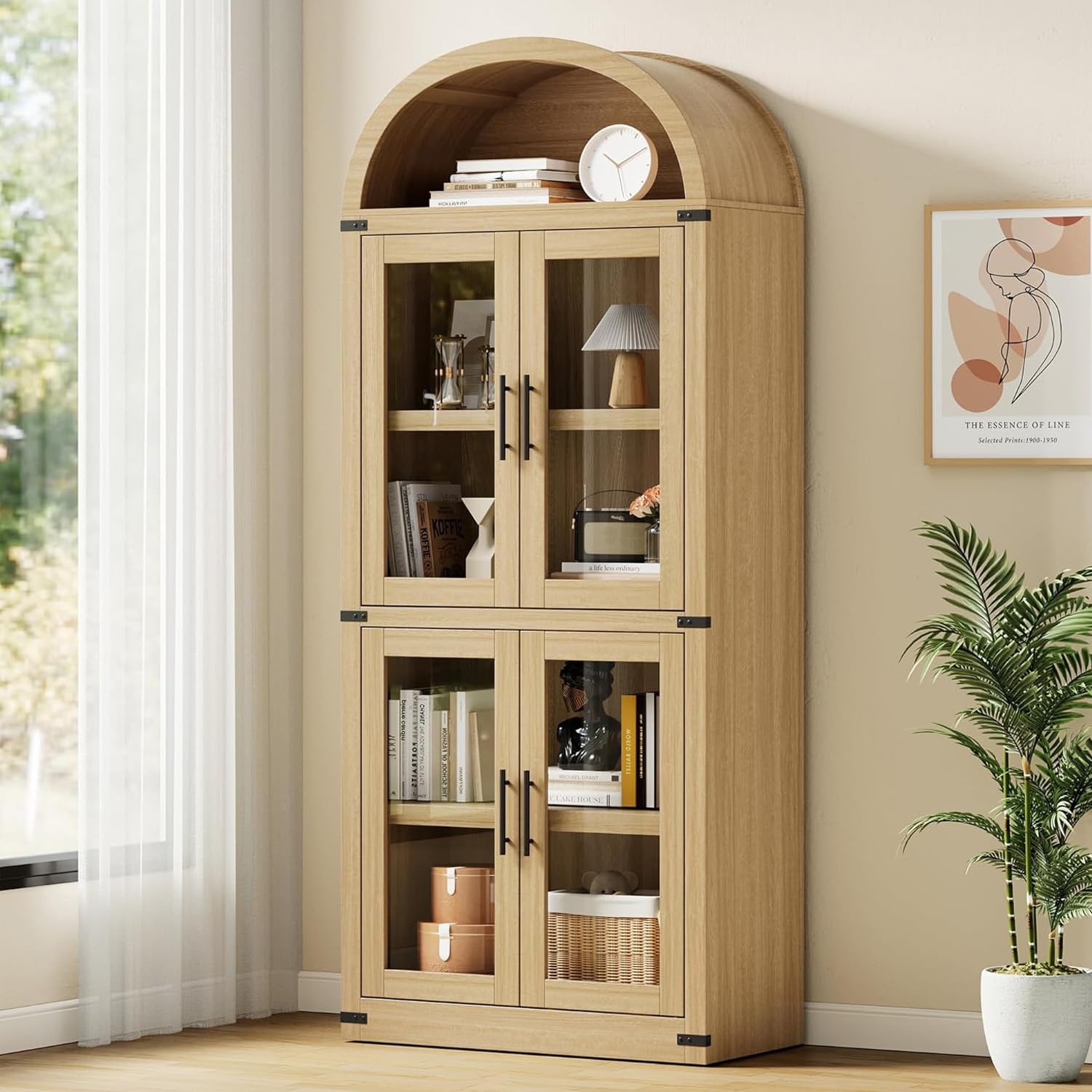 GarveeHome Arched Bookshelf with Doors Farmhouse Bookcase 15.83 in Depth Display Storage Shelves 71.4 in Tall Wooden Display Cabinet Rounded Bookcases